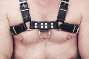 close-up of man wearing bare chested man wearing black leather fetish harness